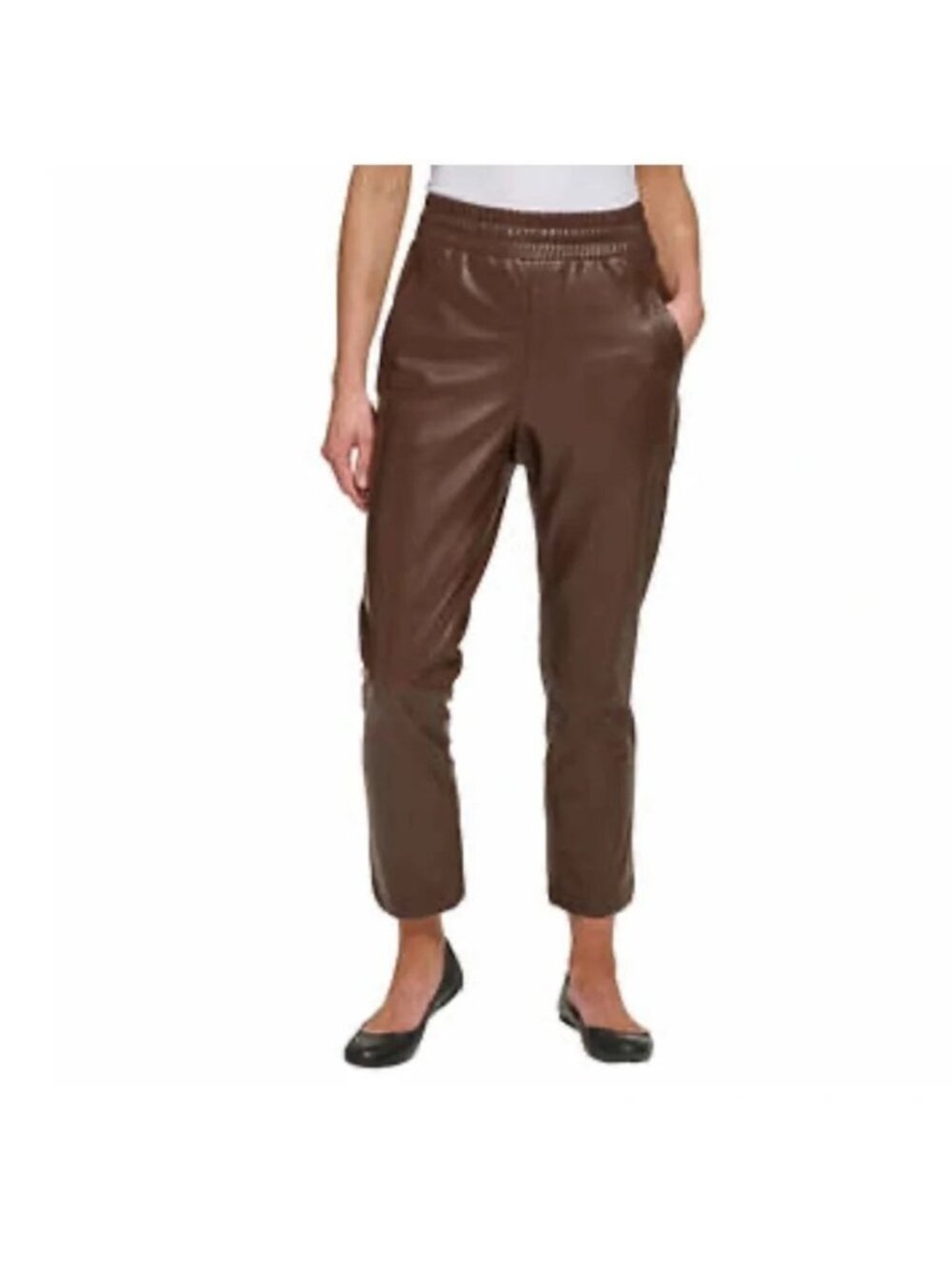 NEW DKNY Brown Vegan Leather Pull On Ankle Pants Size Medium